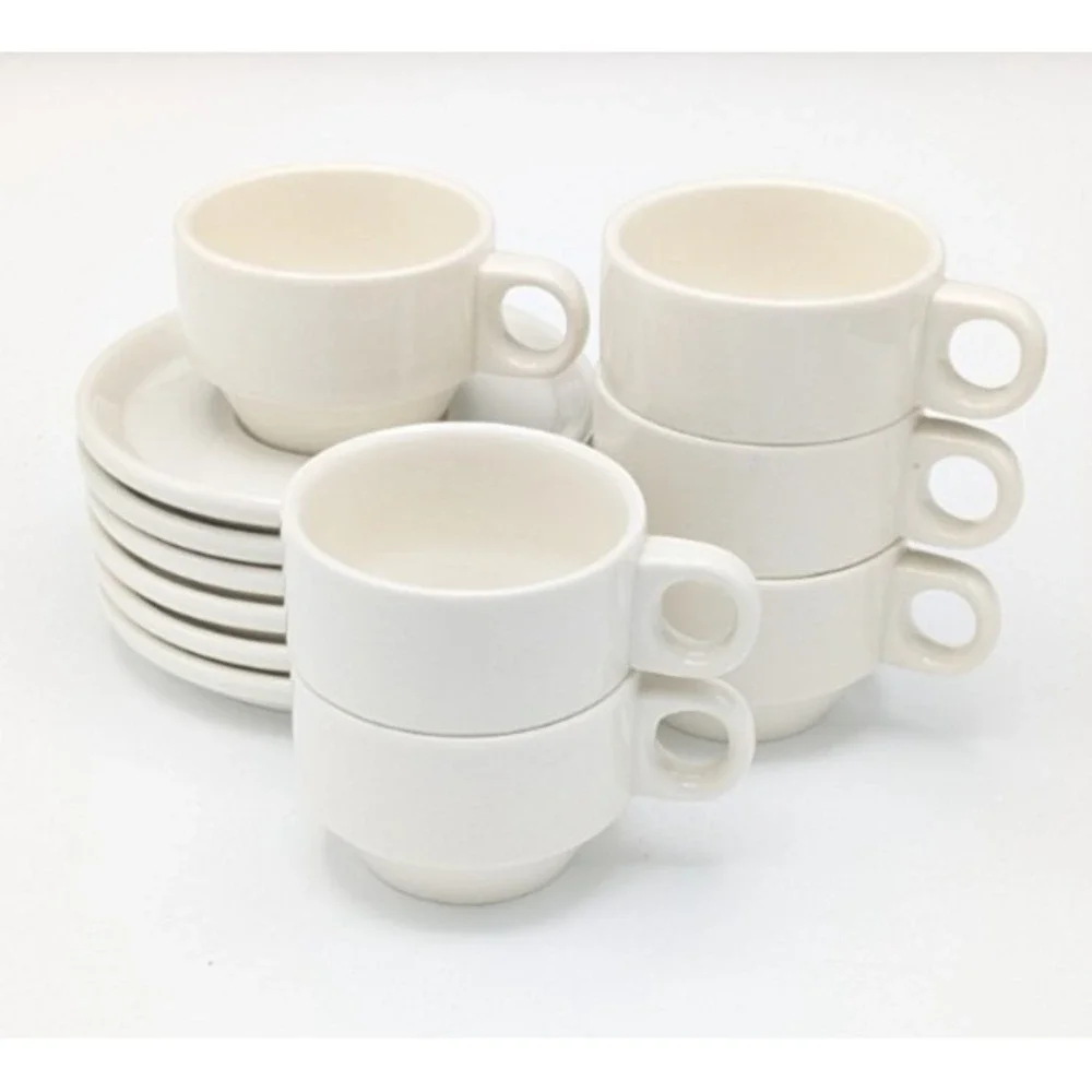 Set 6 European Espresso Demitasse 80ml 2.5 oz Cup & Saucer Modern White Stacking
